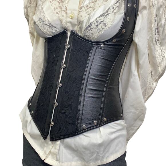 Faux Leather and Lace Studded Gothic Vampire Upcycled Underbust Corest - Picture 4 of 11